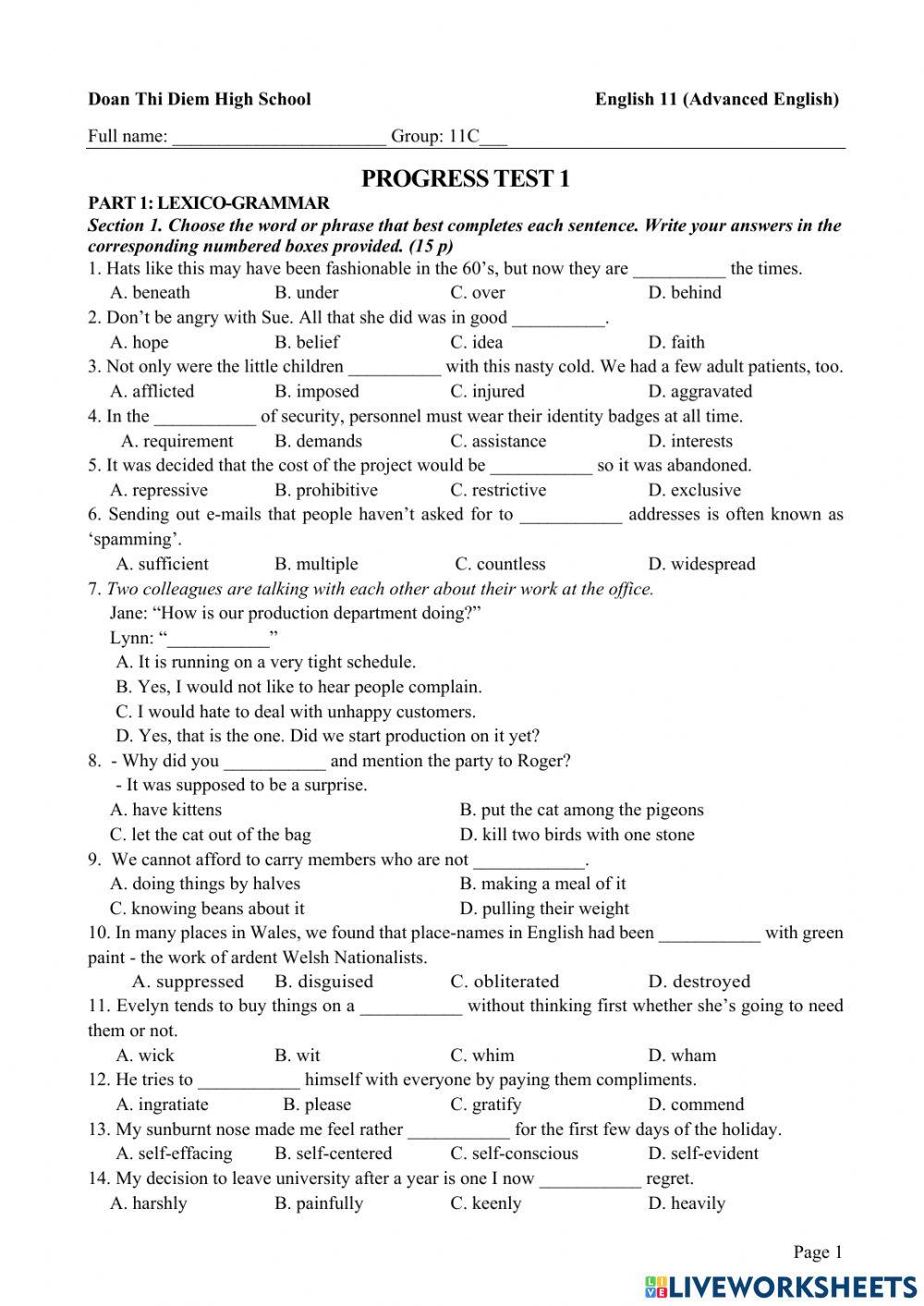 Grade 11 - Progress Test 1 