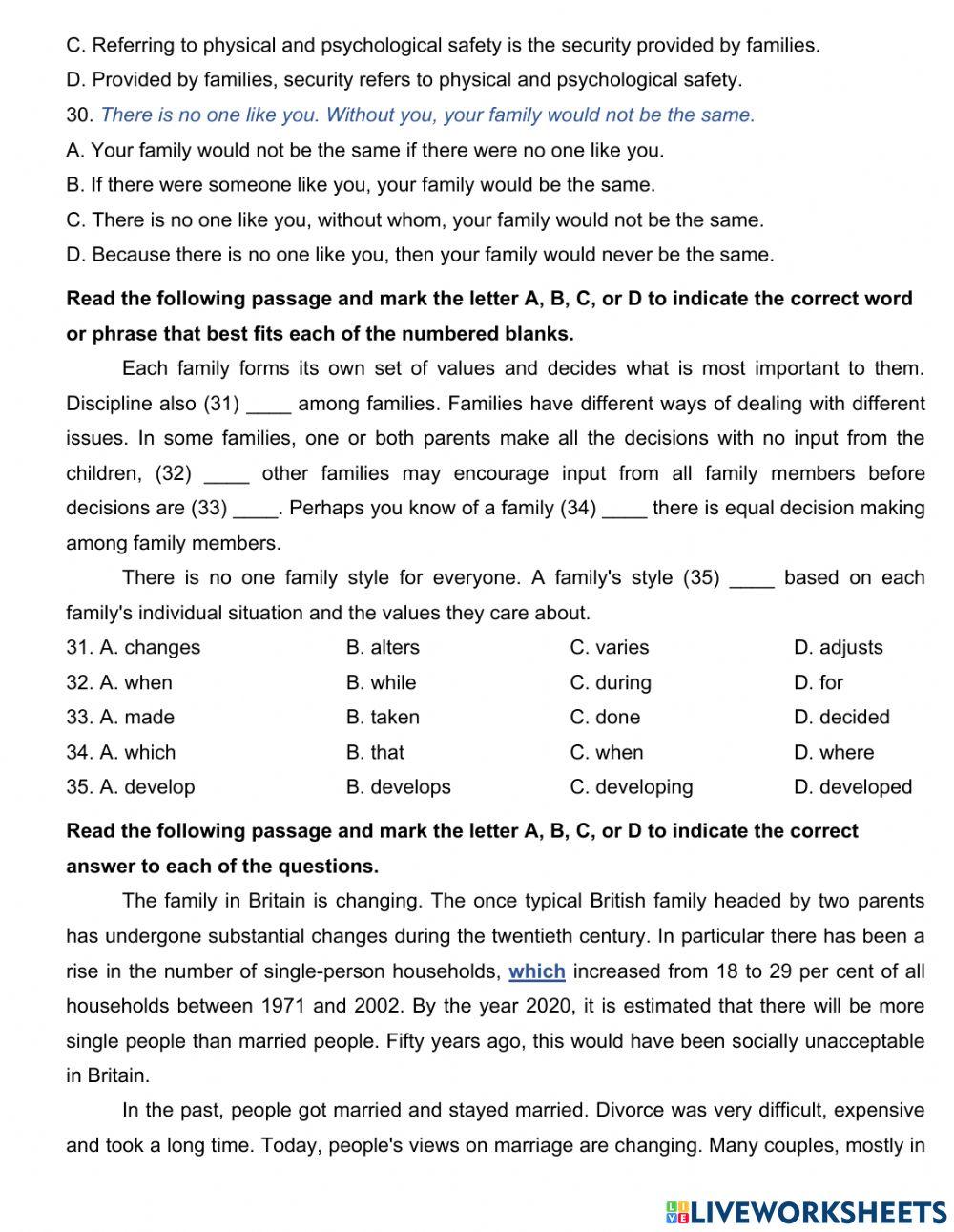 Unit 1: Family Life - test 2