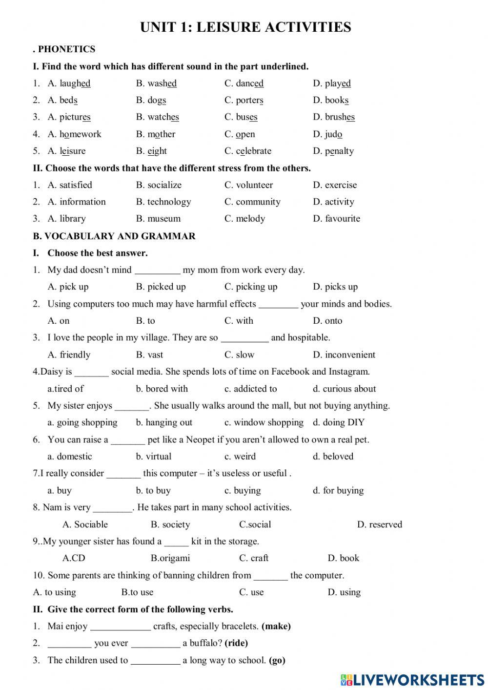 Grade 8 unit 1 leisure activities live worksheets