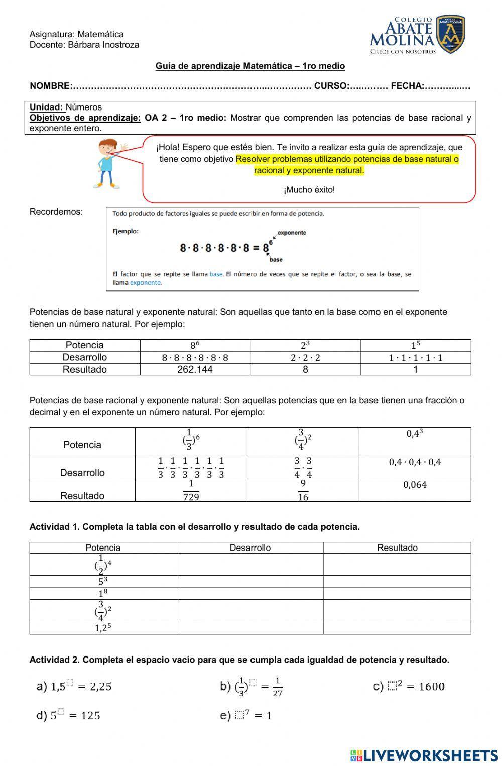 Potencias de base racional positiva y exponente natural