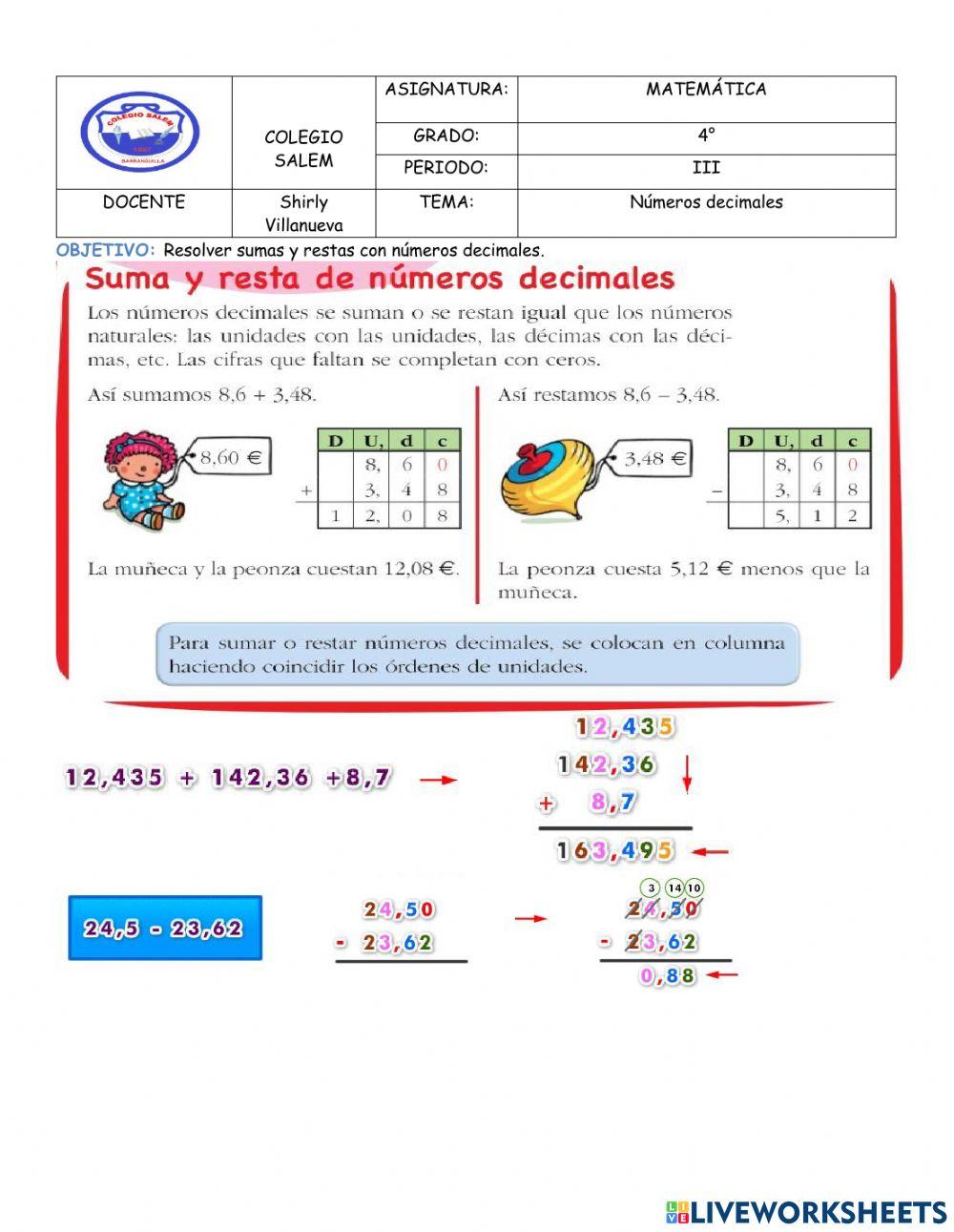 Suma y resta de decimales
