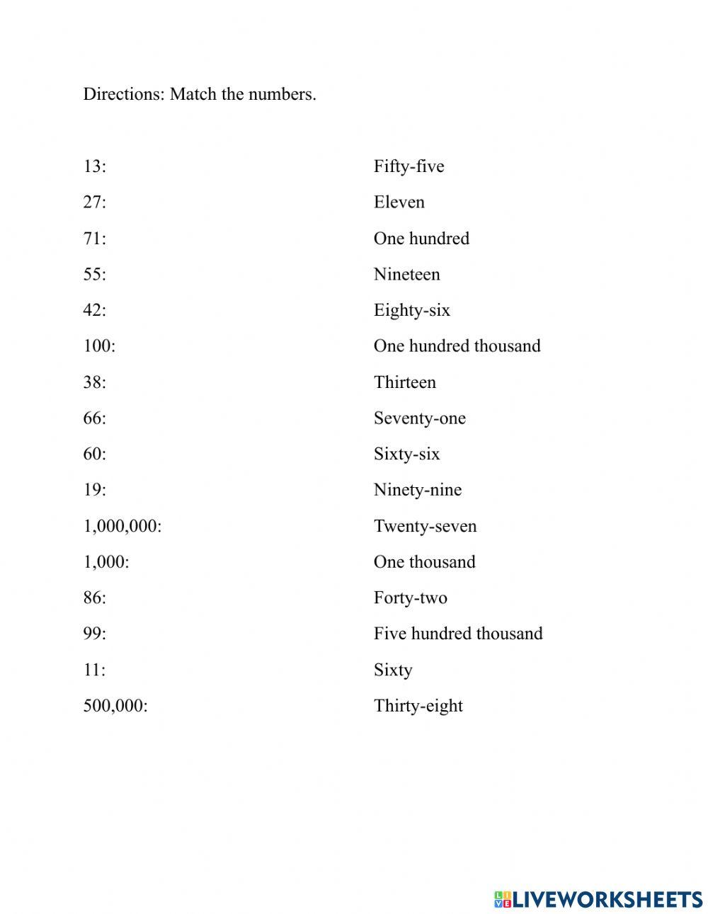 Matching Numbers online worksheet for 1-12 | Live Worksheets