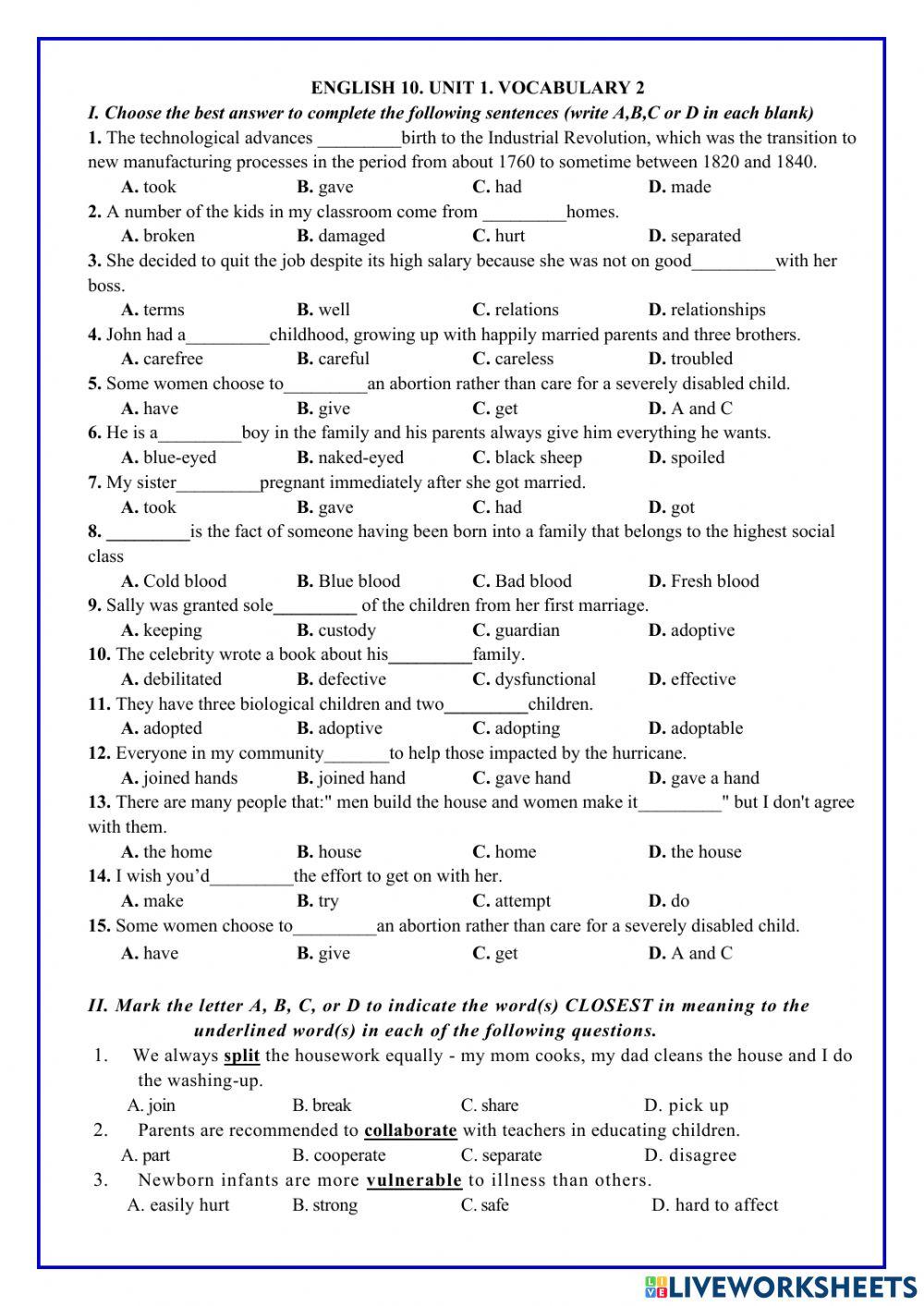 English 10. Unit 1. Vocabulary 2