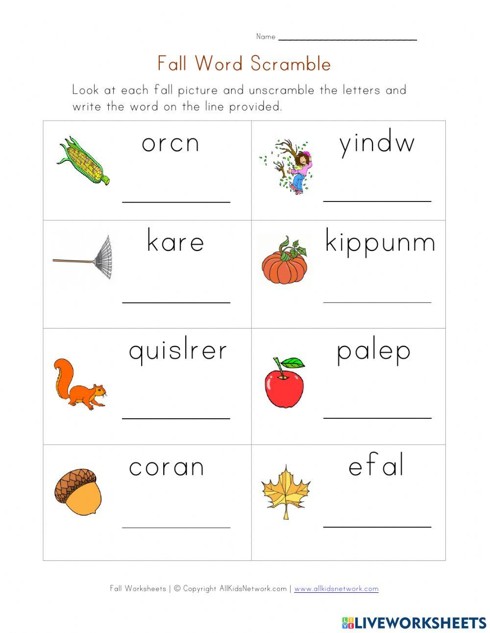 Fall (Autumn) Vocabulary - Unscramble 6724565 | KD_LitCtr