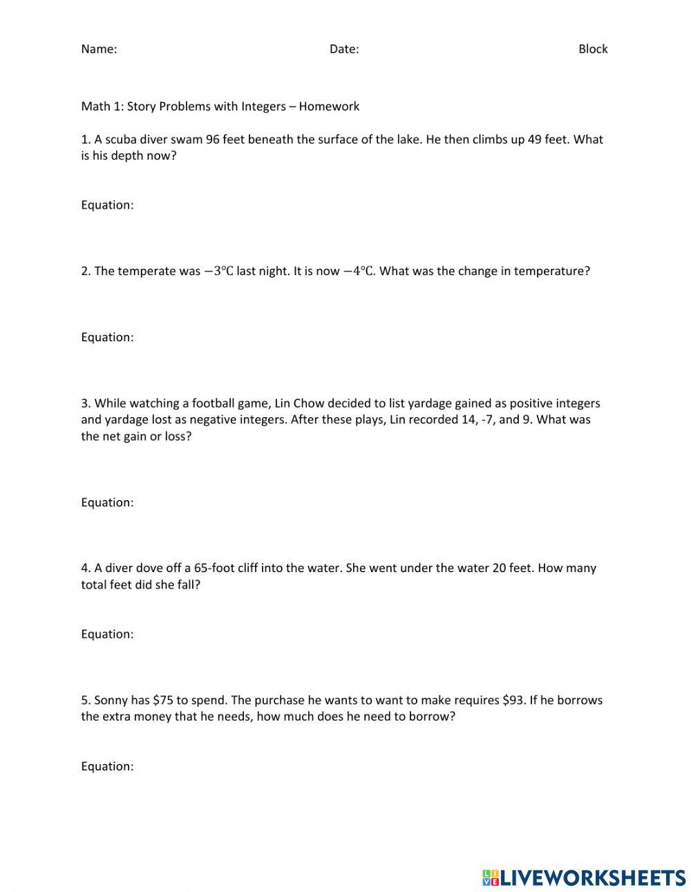 Integer Story Problems worksheet Live Worksheets