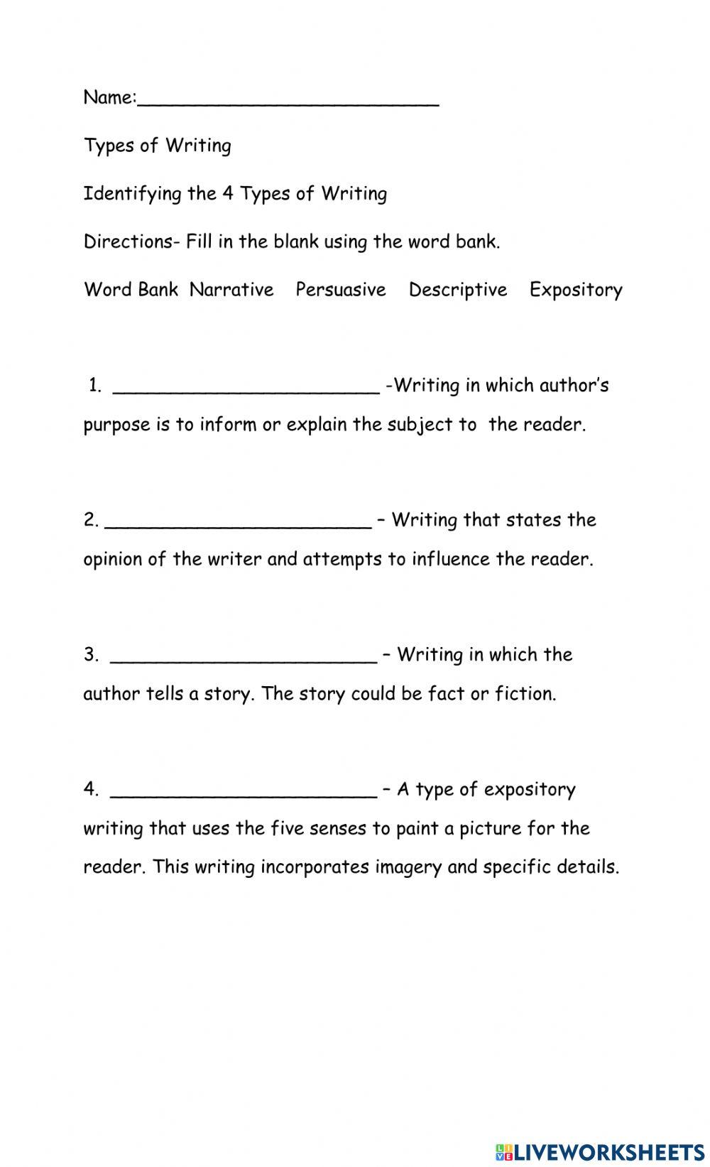 4 types of writing worksheet pdf