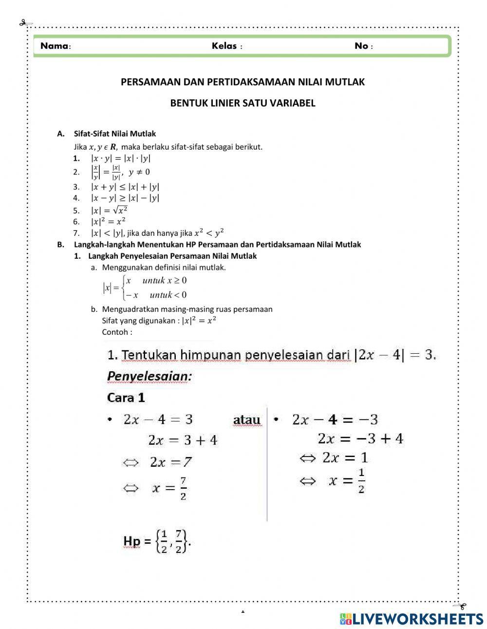 Persamaan dan Pertidaksamaan Nilai Mutlak