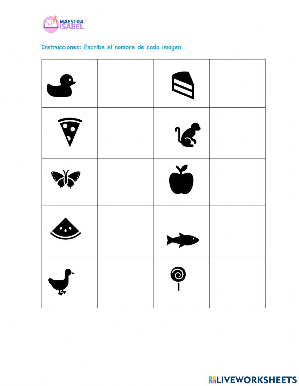 Escribe el nombre de cada imagen.