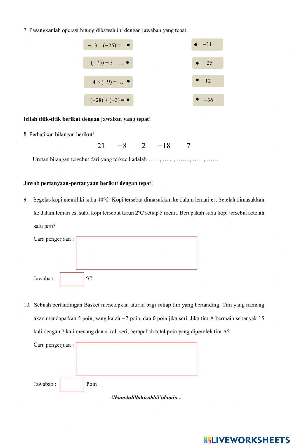Kunci Jawaban PH Bilangan Bulat