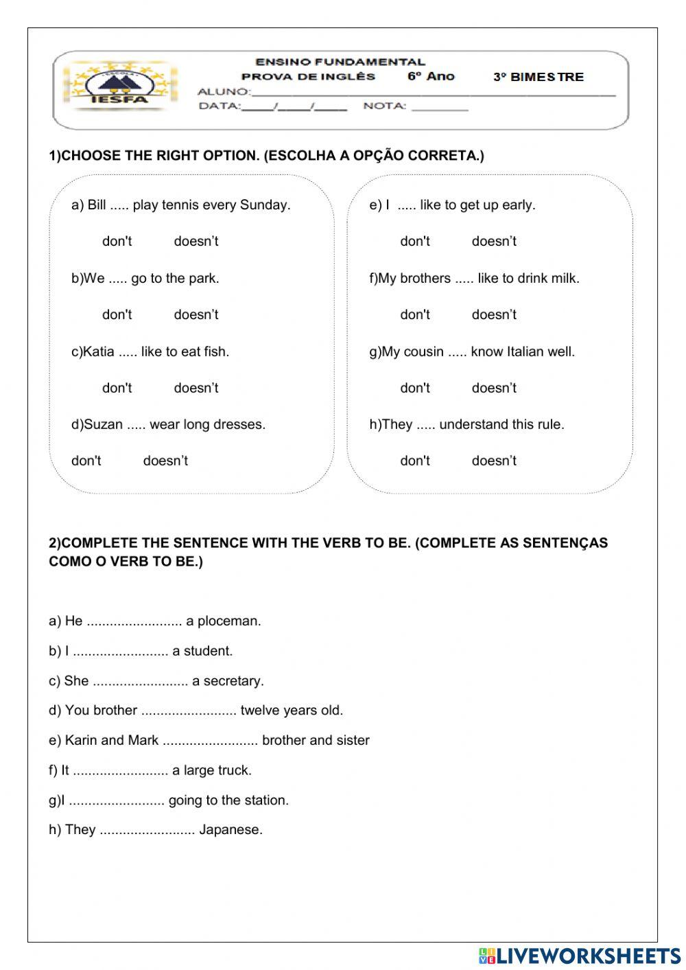 Avaliação Bimestral de Inglês 6º Ano EF - 3º Bimestre