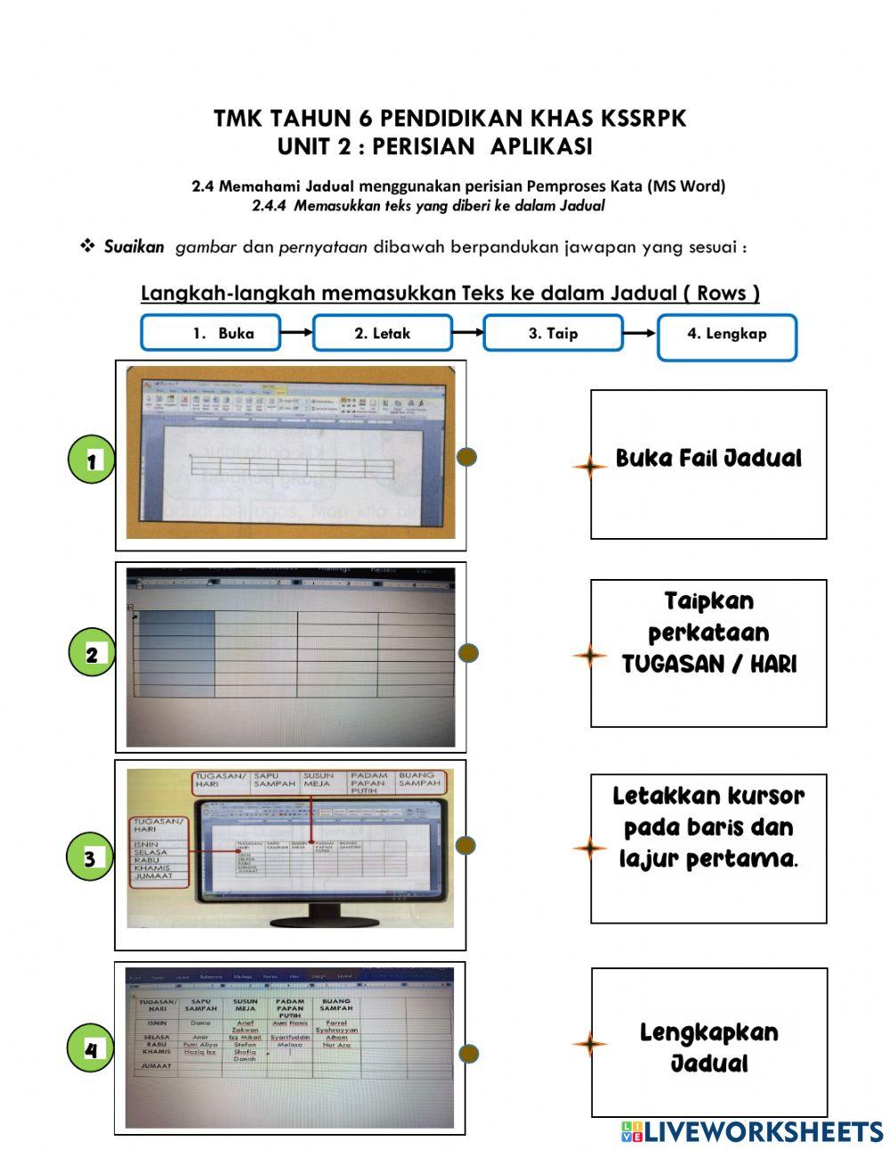 2.4.4 Memasukkan teks ke dalam Jadual