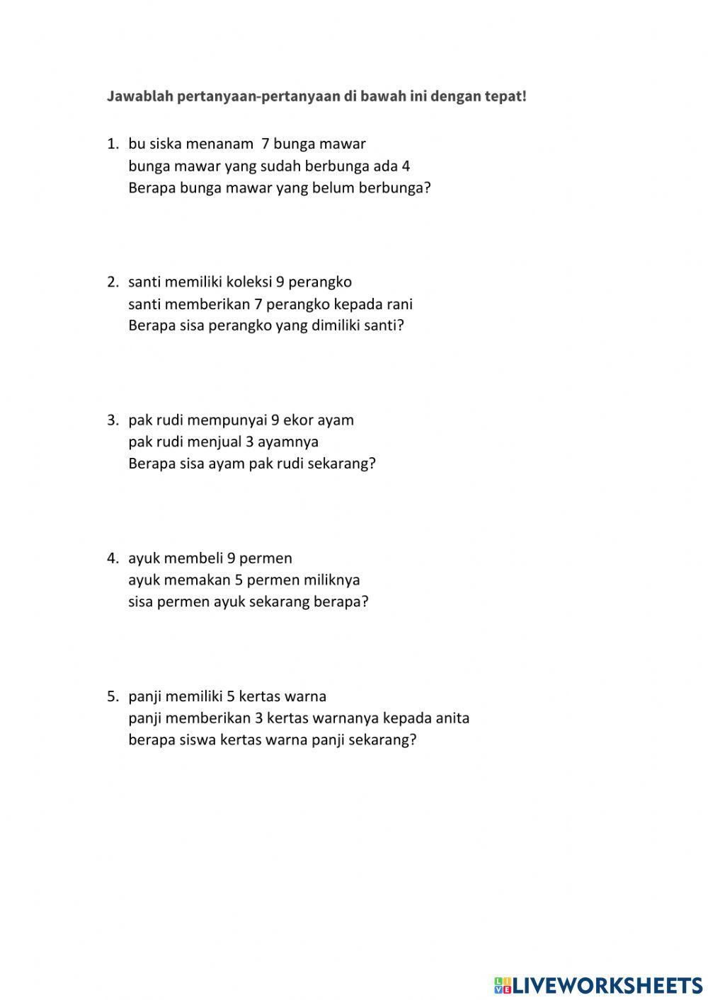 Tematik Kelas 1 SD Materi Pengurangan bentuk soal cerita