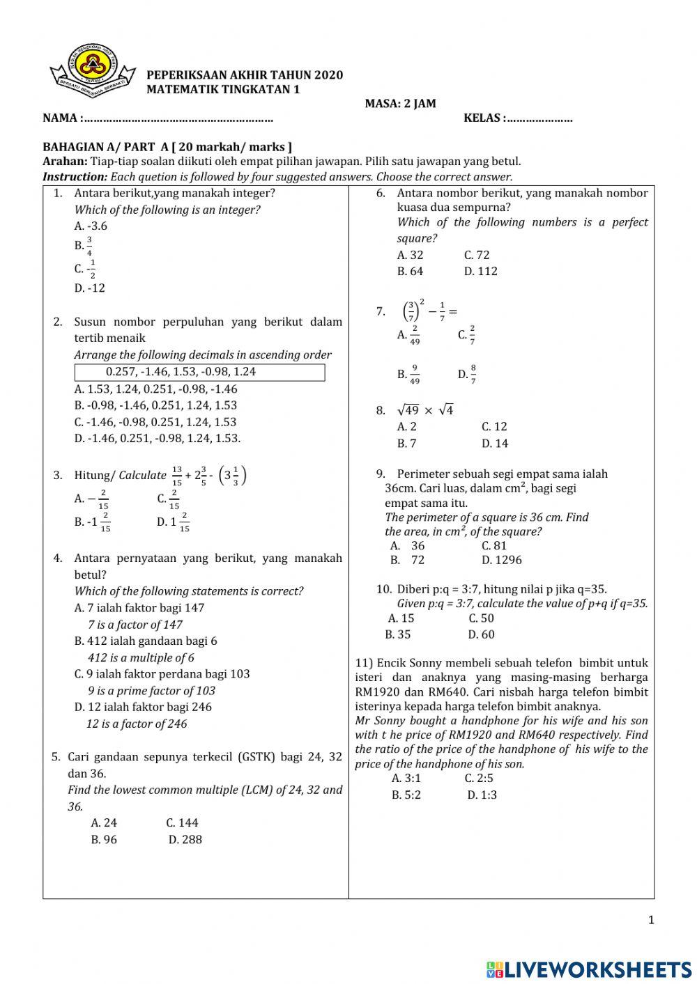 Peperiksaan Matematik Tingkatan Satu SMHT (Okt)