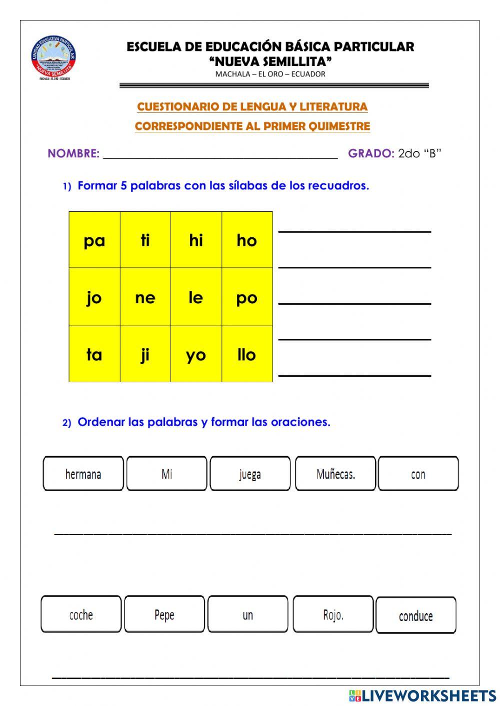 Evaluación quimestral de lengua y l.