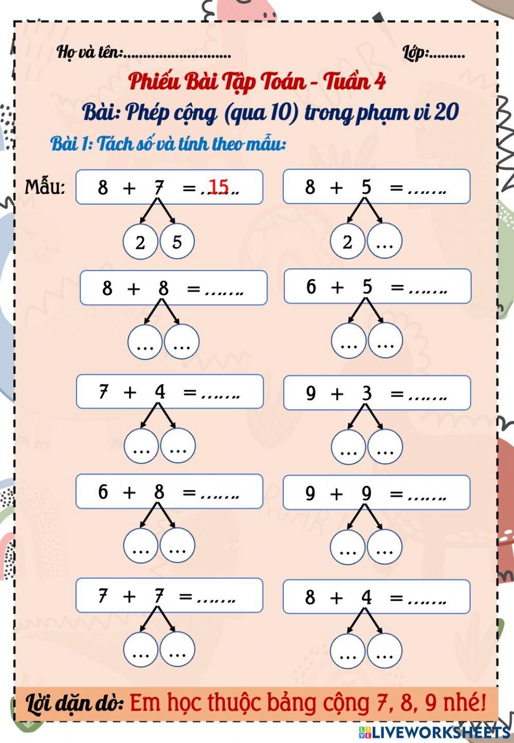 Phiếu Bài tập Toán Tuần 4 (Phần 1)