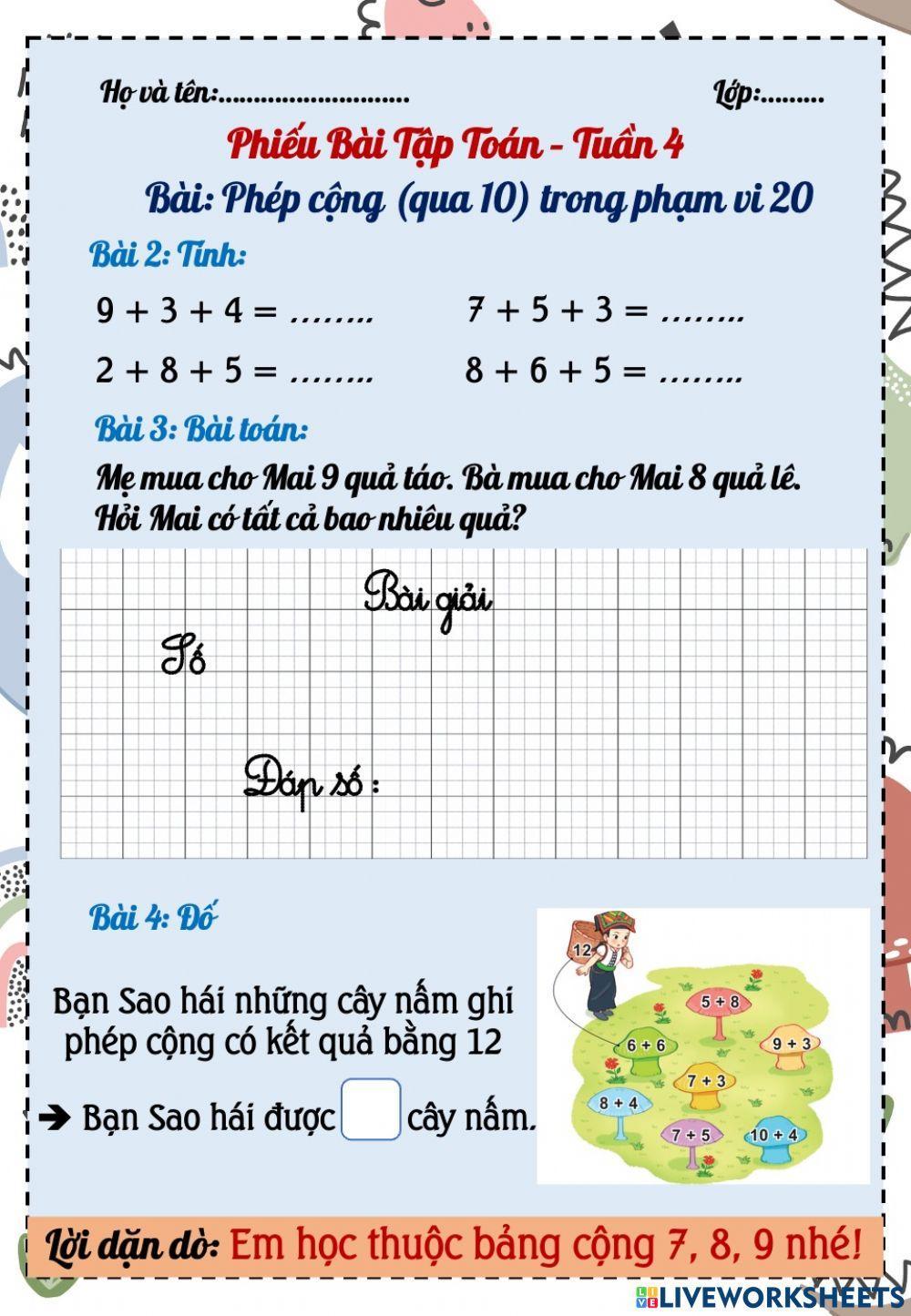 Phiếu Bài tập Toán Tuần 4 (Phần 2)