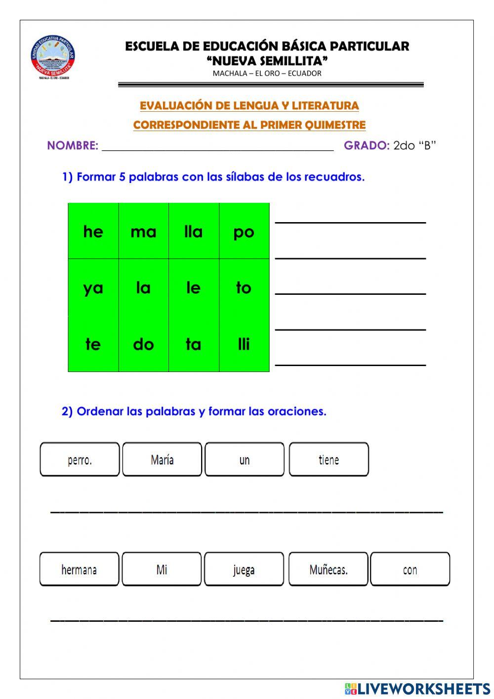 Evaluación quimestral de lengua y l.