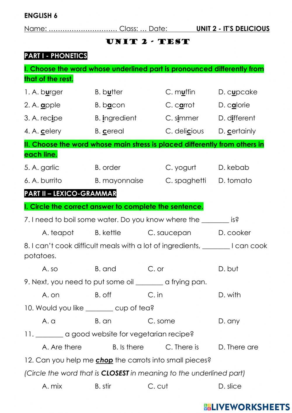 UNIT 2 - test - GRADE 6