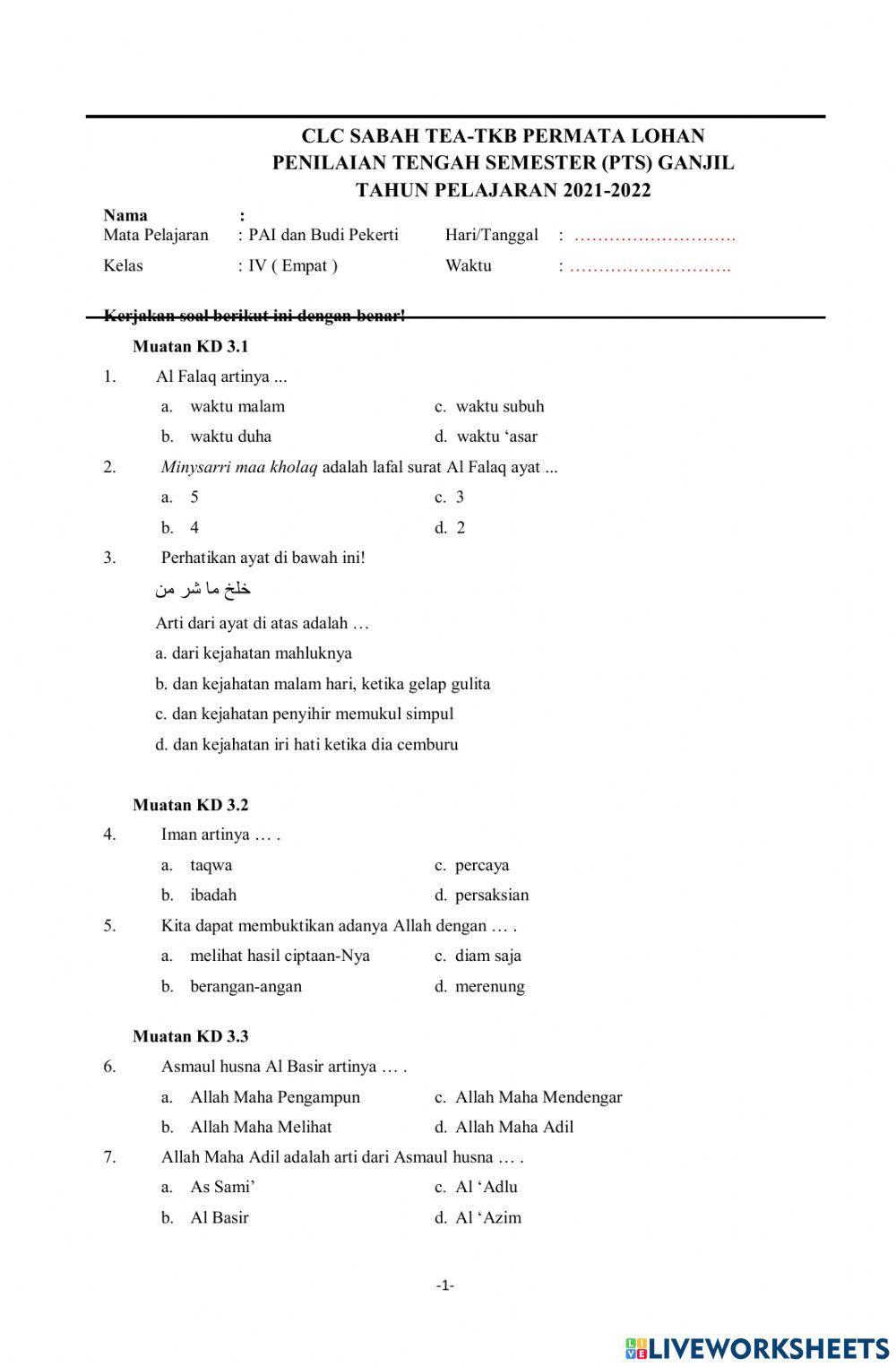 PTS Agama Islam Kelas 4