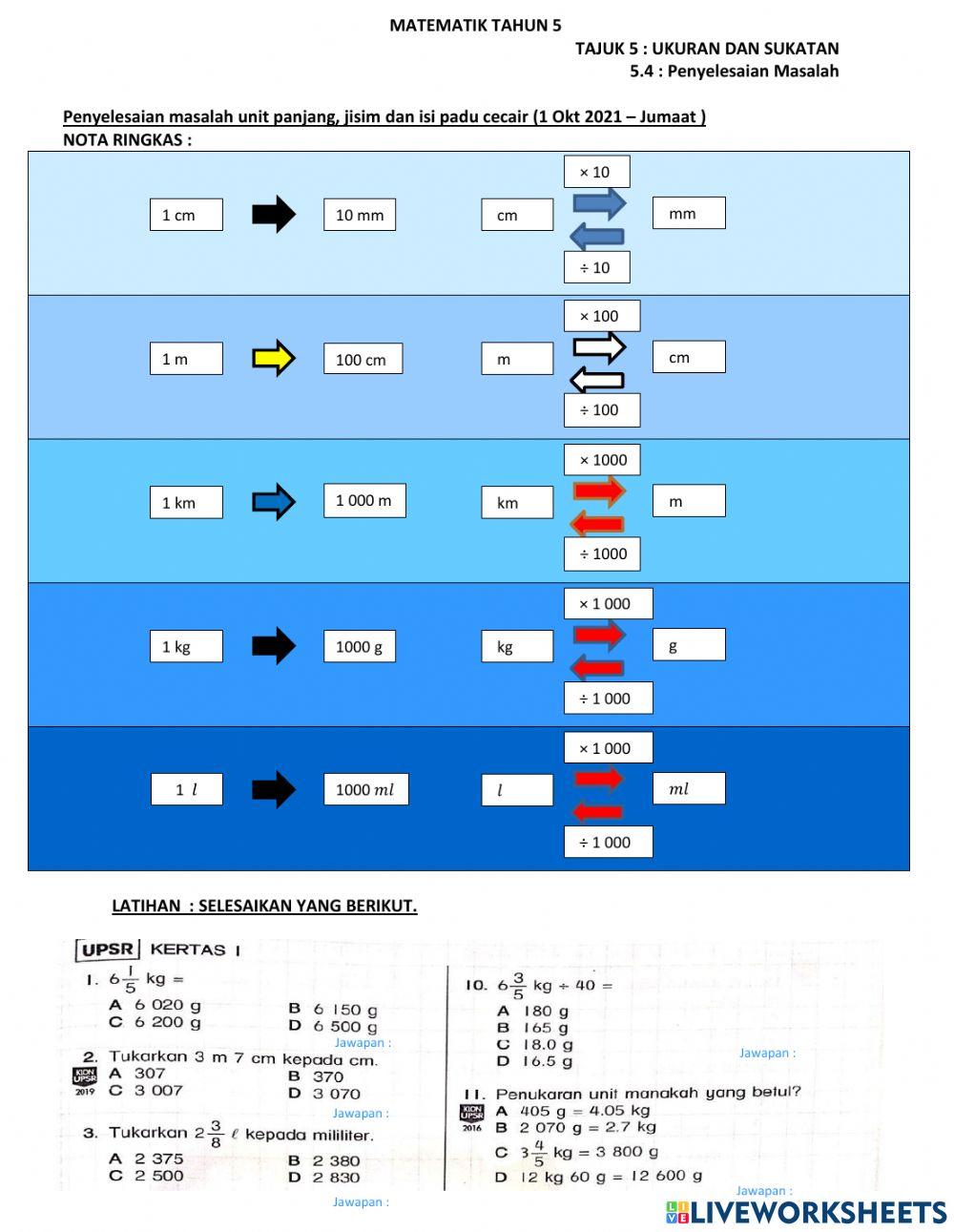 Ukuran dan sukatan (panjang,jisim, isi padu cecair)
