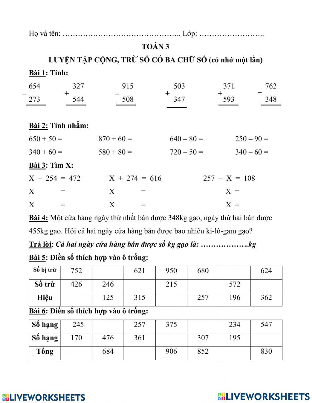 Cộng trừ các số có ba chữ số (có nhớ)