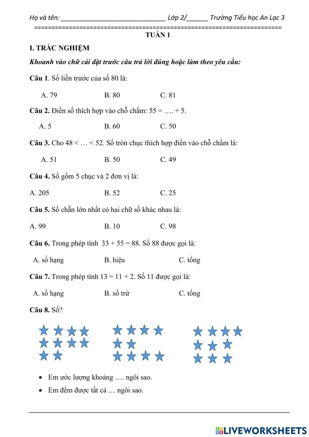 Phiếu ôn Toán tuần 1
