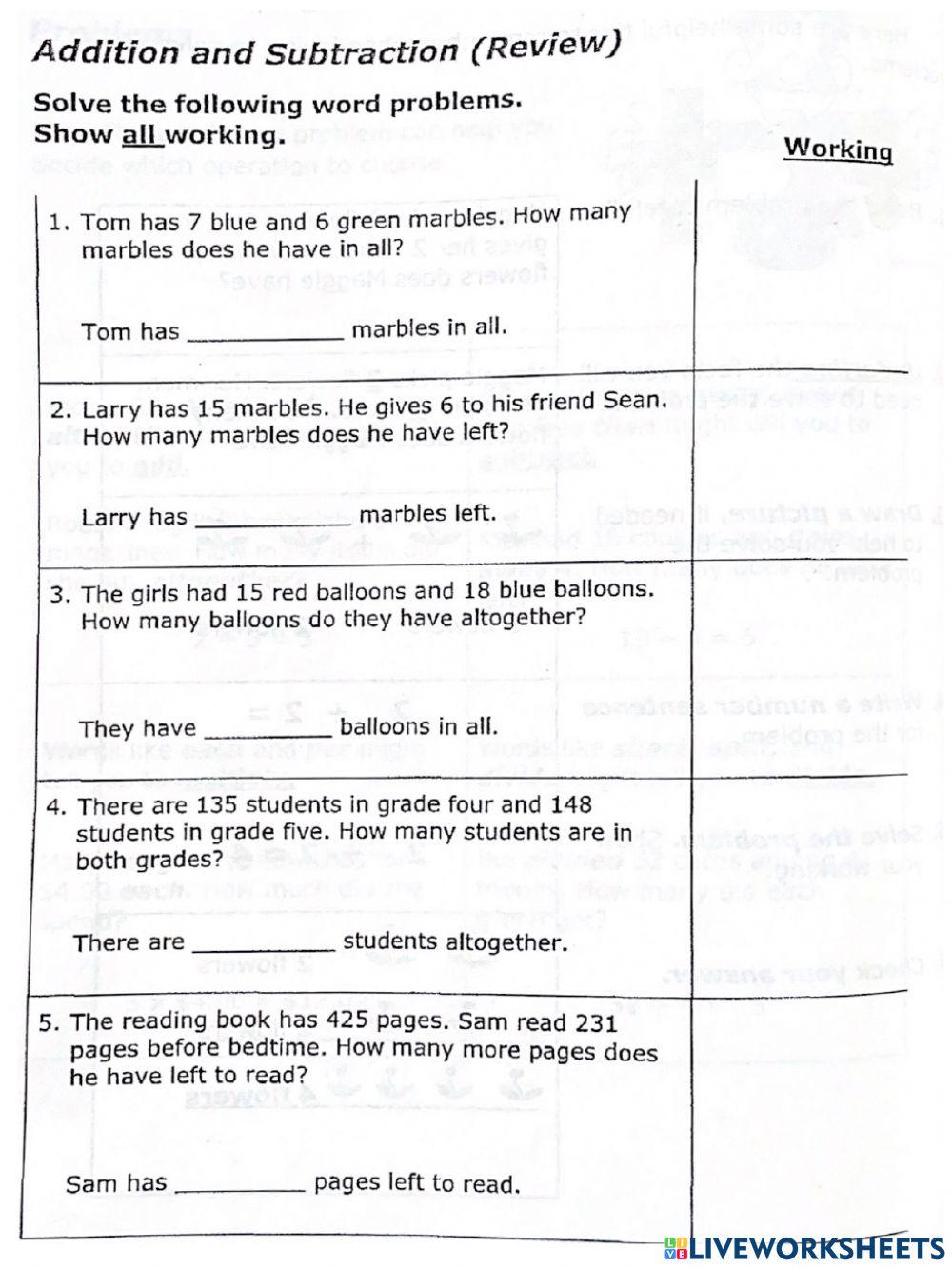 Addition and Subtraction Word problems