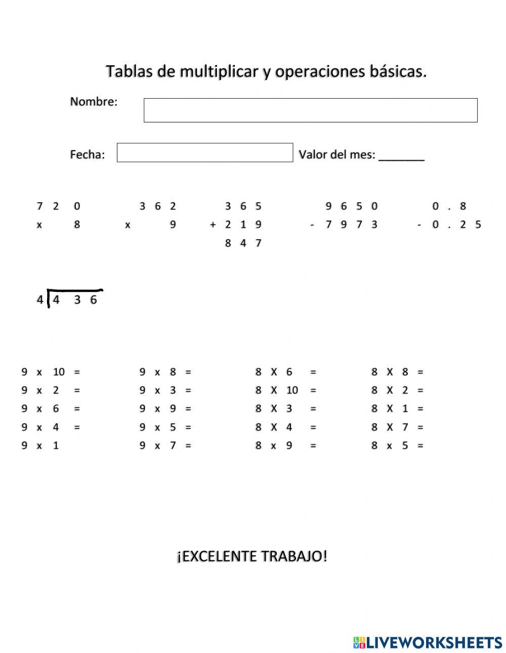 Tablas 9 y 8 y operaciones básicas