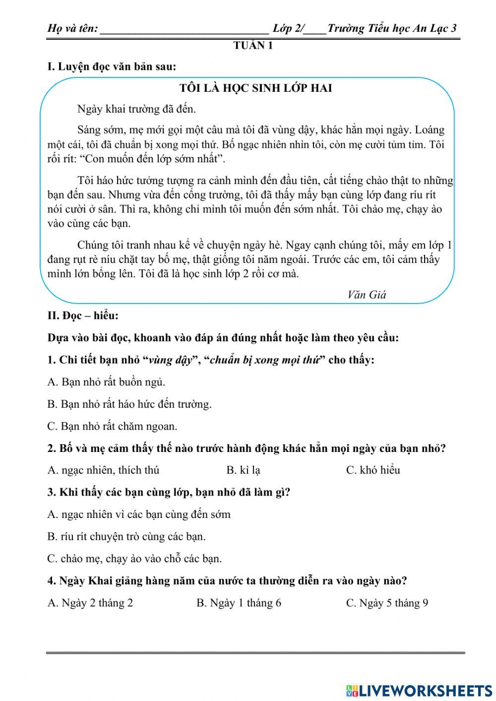 Phiếu ôn Tiếng Việt tuần 1