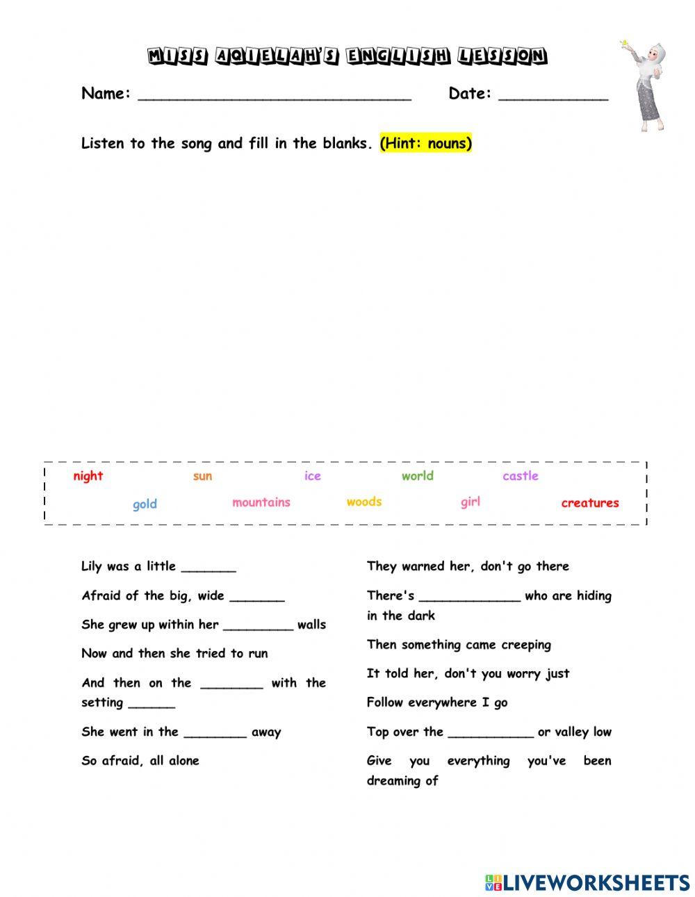 Fill in the blanks (song lyrics) online exercise for | Live Worksheets