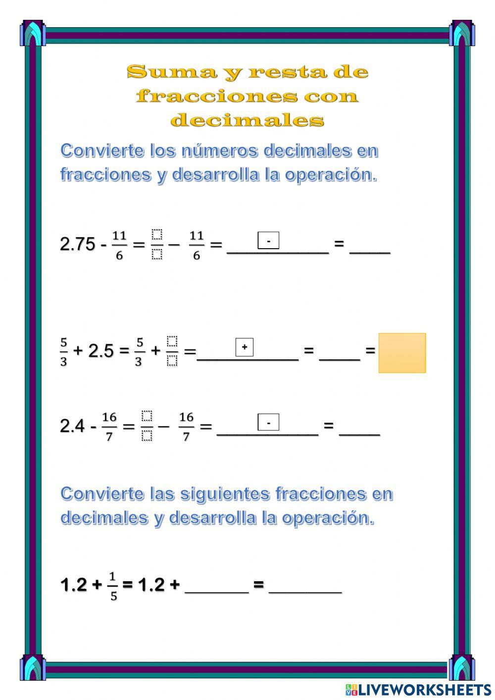 Suma y resta de fracciones con decimales