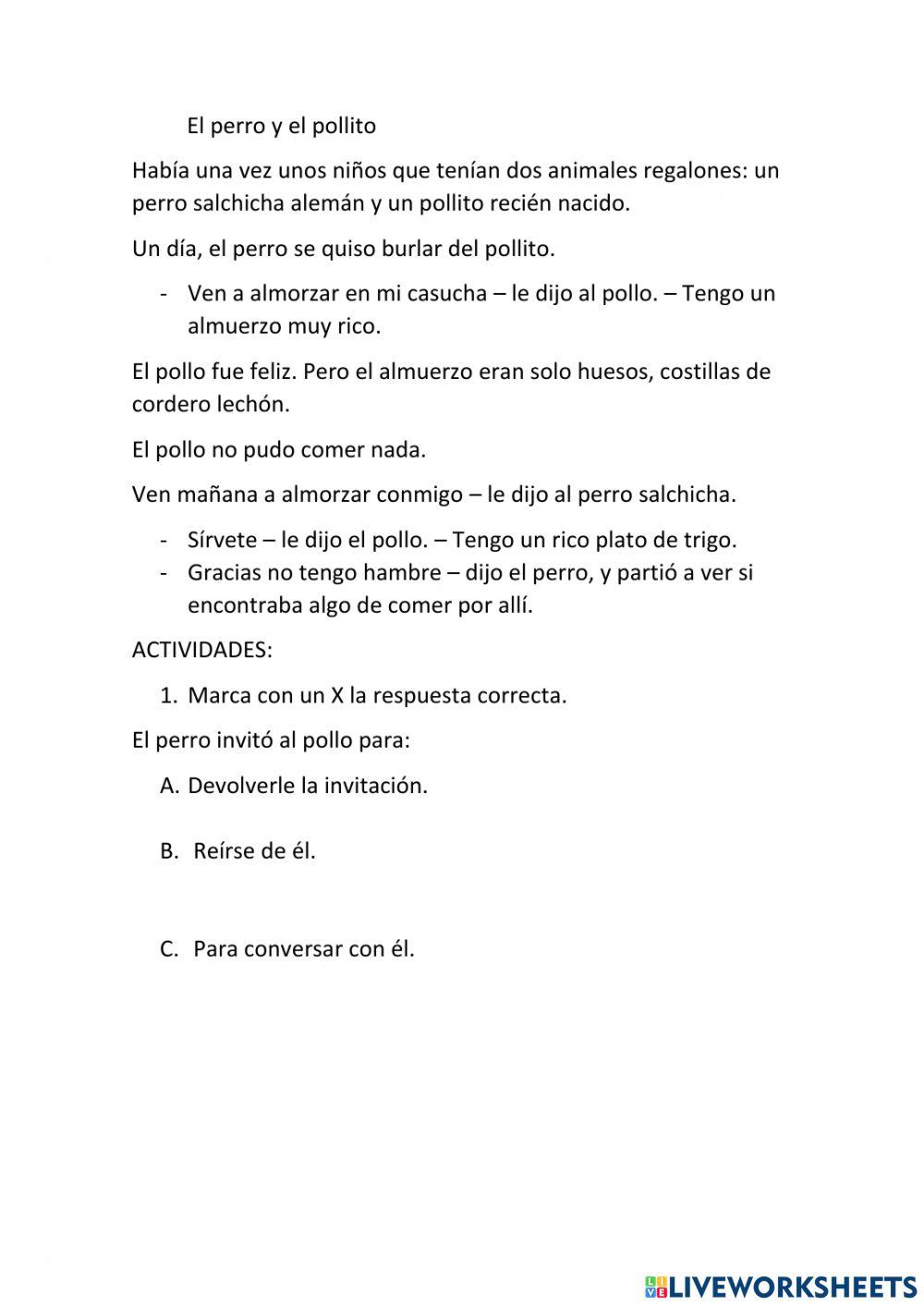 Lectura comprensiva: el perro y el pollito