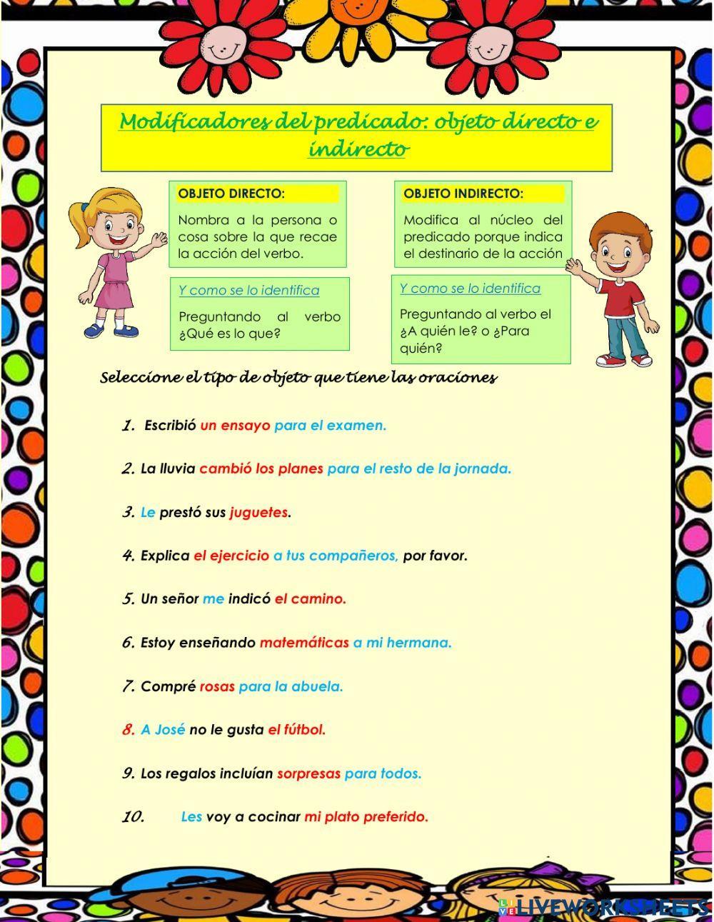 Modificadores del predicado: objeto directo e indirecto