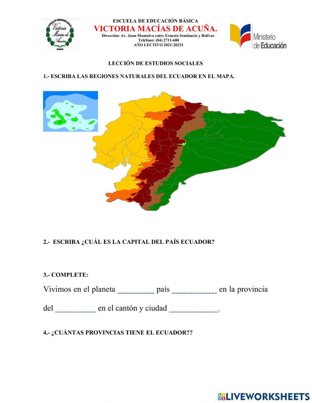 Regiones naturales del ecuador y datos  de provincias y capital de nuestro país
