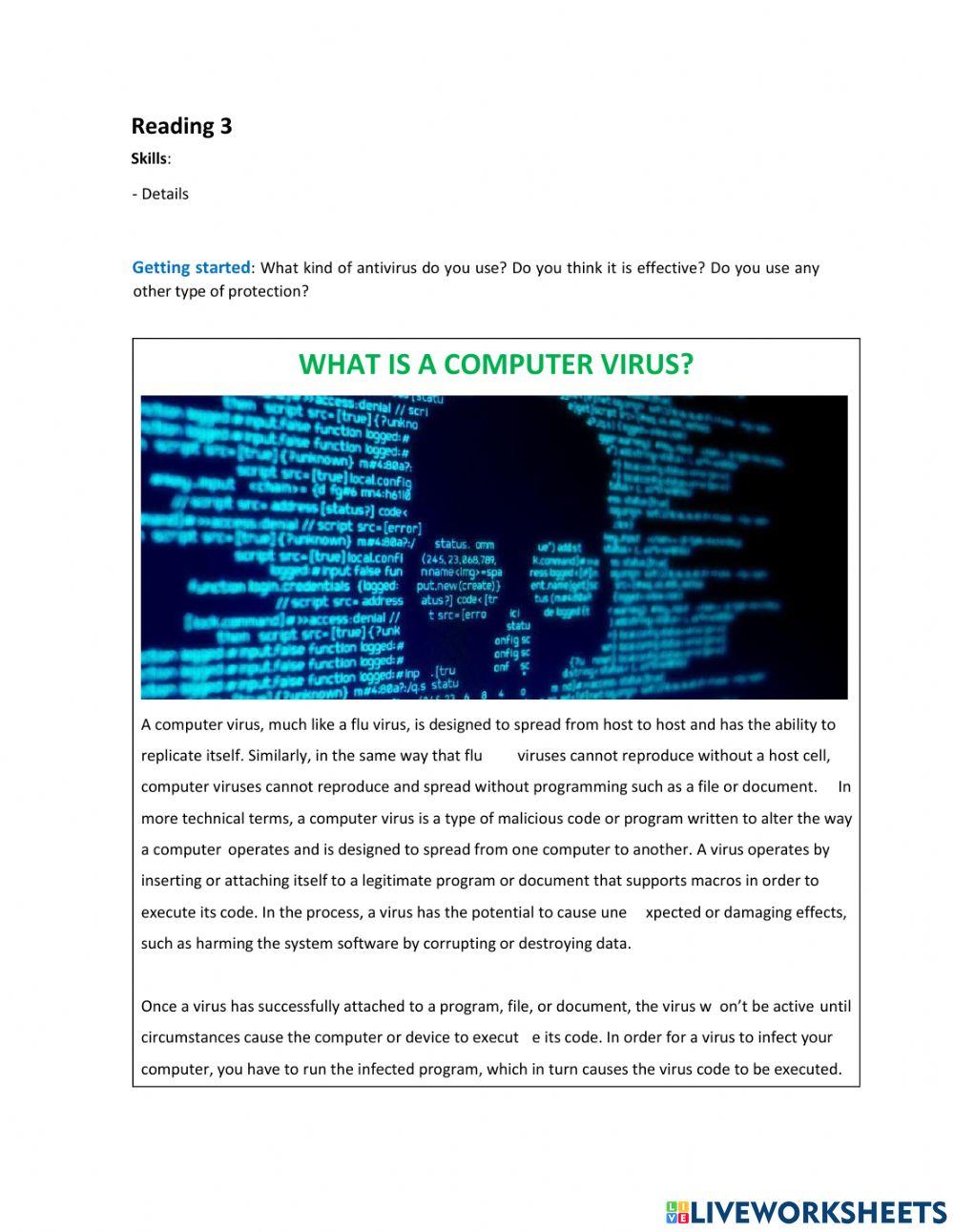 Computer virus worksheet | Live Worksheets