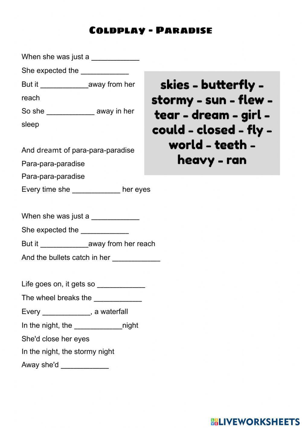 Paradise - Coldplay song and nursery…: English ESL worksheets pdf