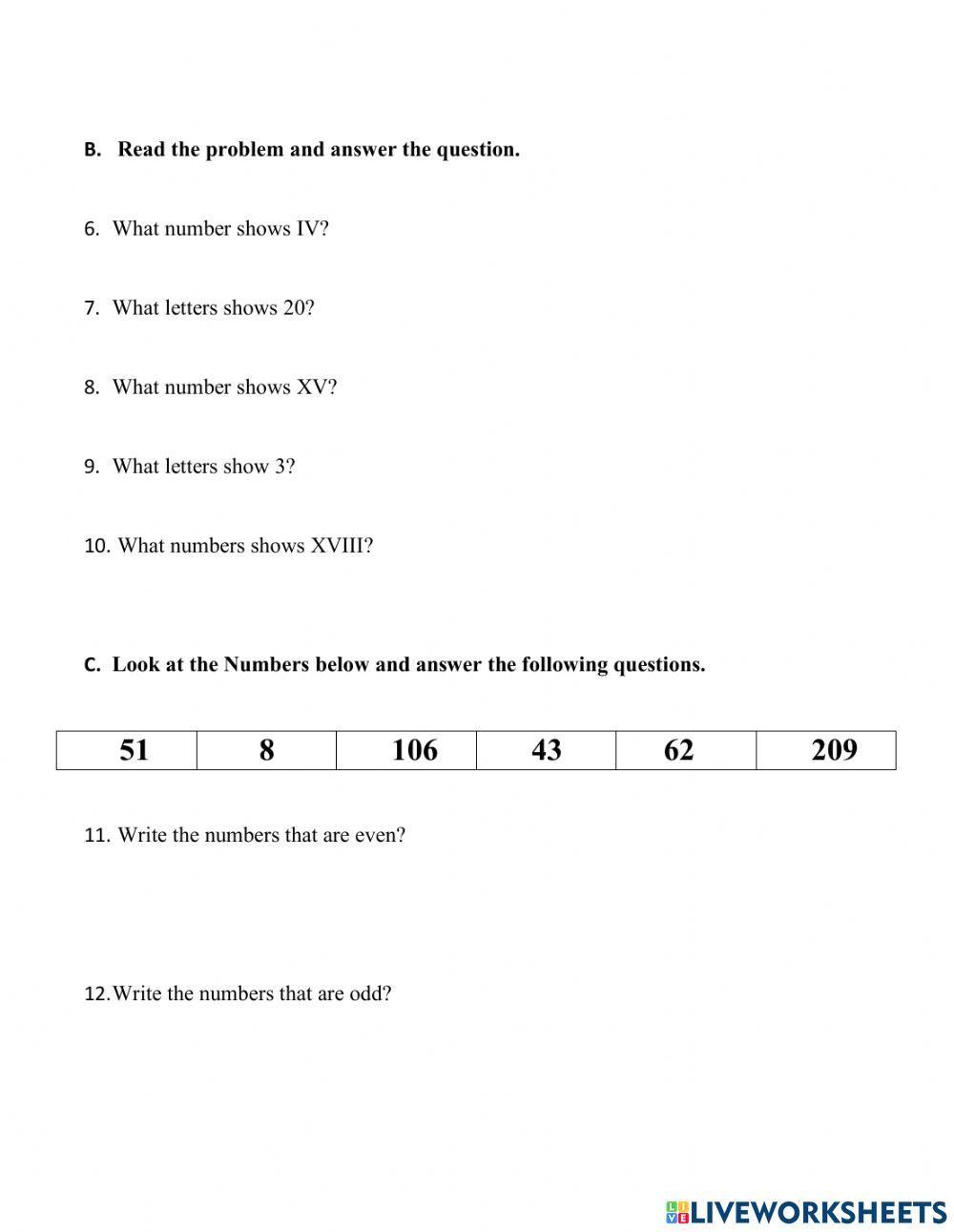 Ordinal Numbers, Roman Numerals, Even and Odd, Subtraction and Addition facts to 20