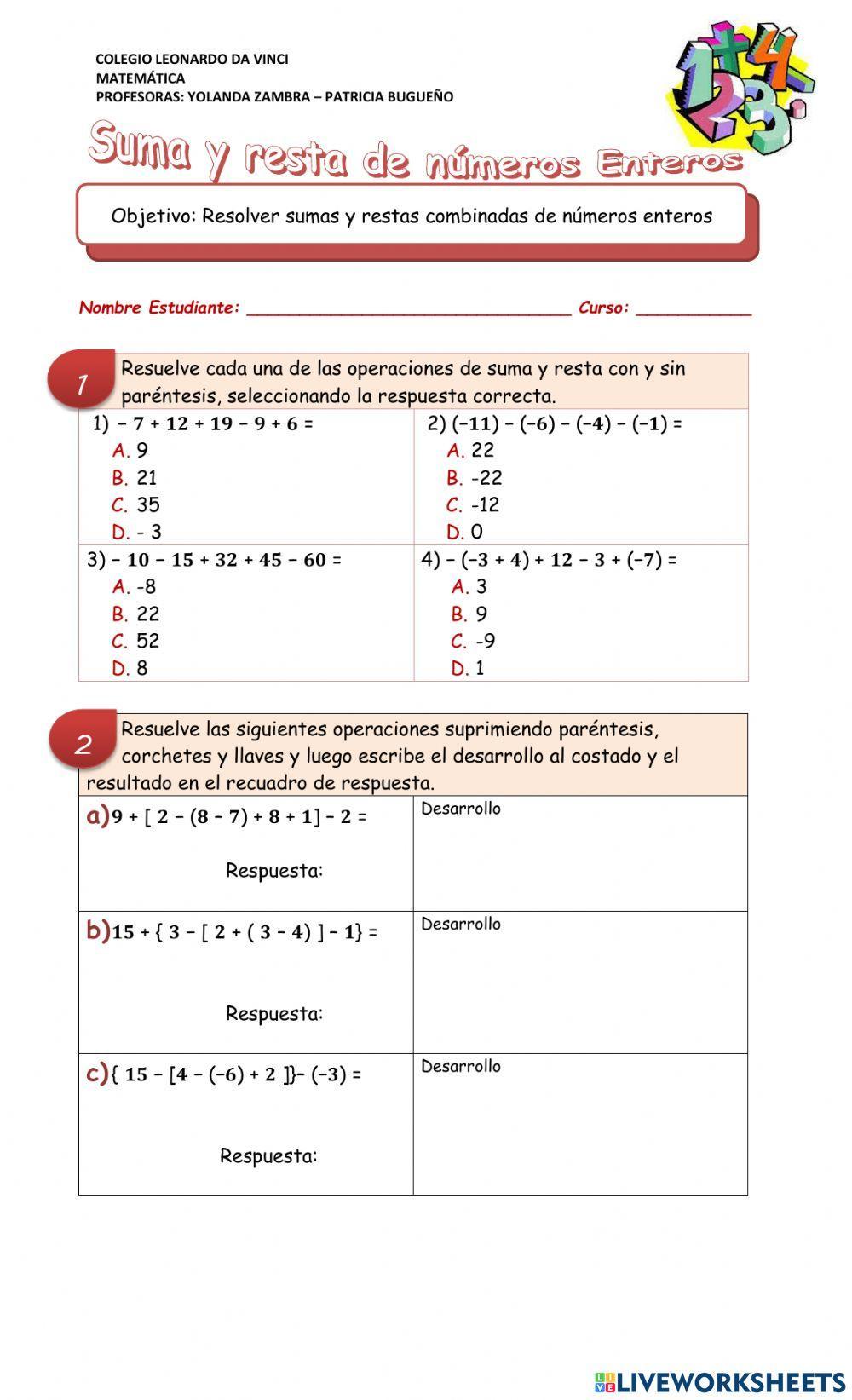 Sumas y restas de enteros con paréntesis