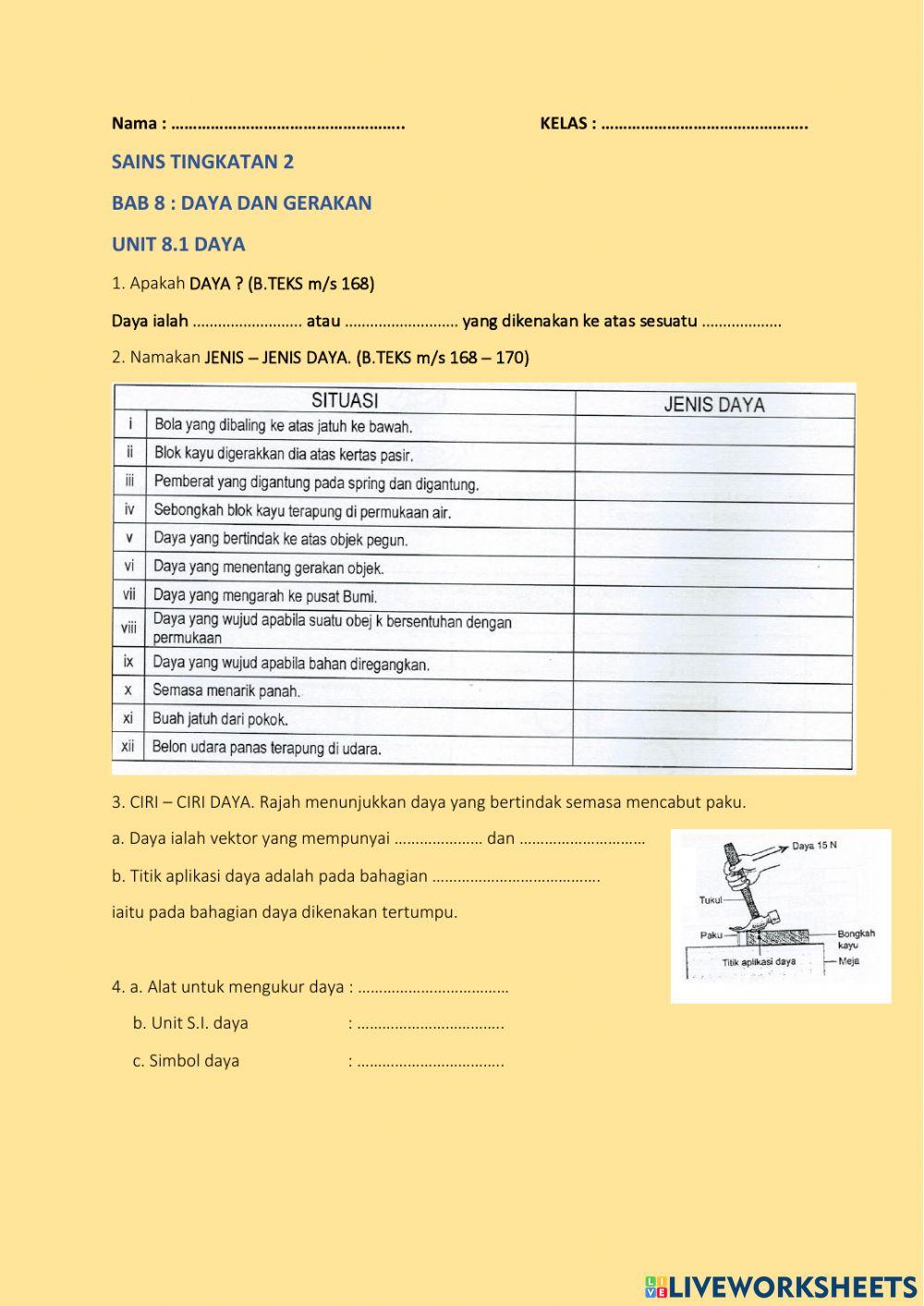 Sains Tingkatan 2 Latihan Bab 8.1 Daya