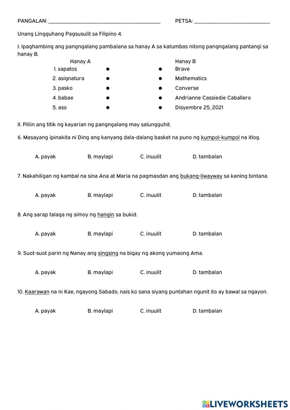 Test 1a. Kayarian ng Pangngalan