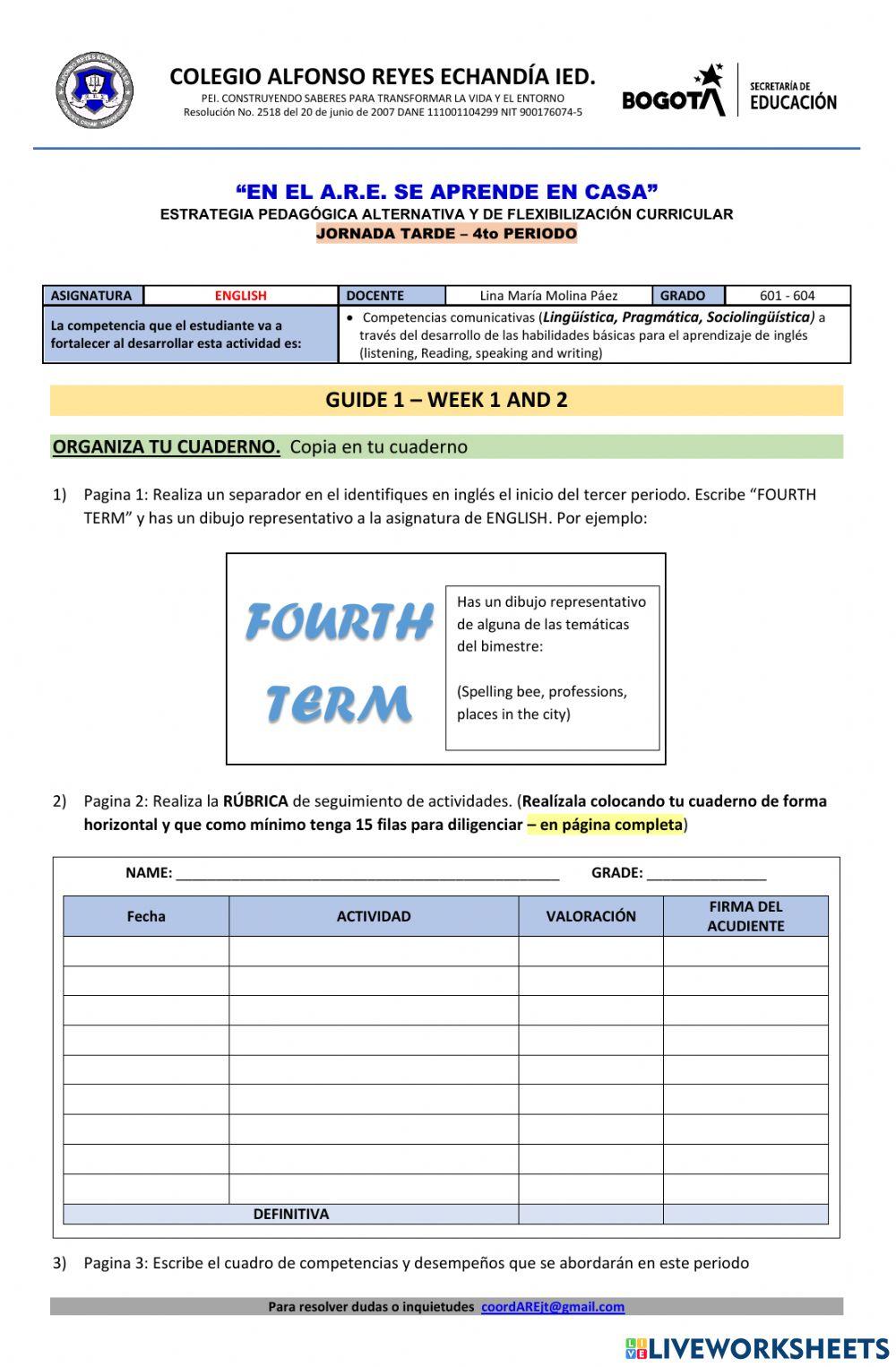 6th GRADEFOURTH TERM - GUIDE ACTIVITY - WEEKS 1 AND 2