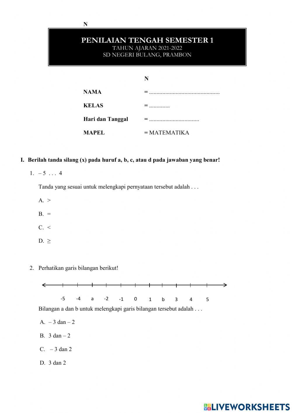 Penilaian Tengah semester 1 Matematika