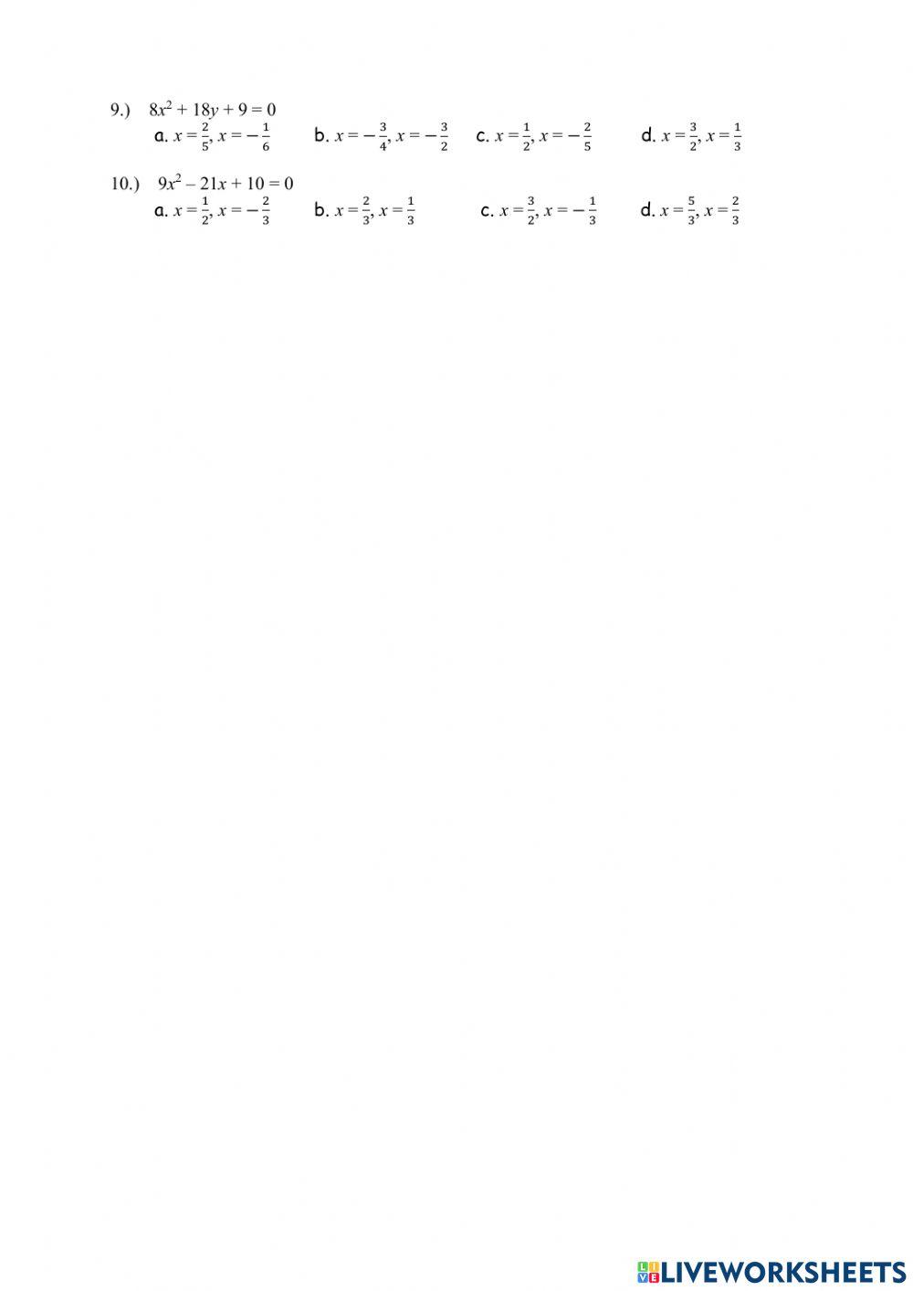 Finding the Roots of Quadratic Equations (a - 1)