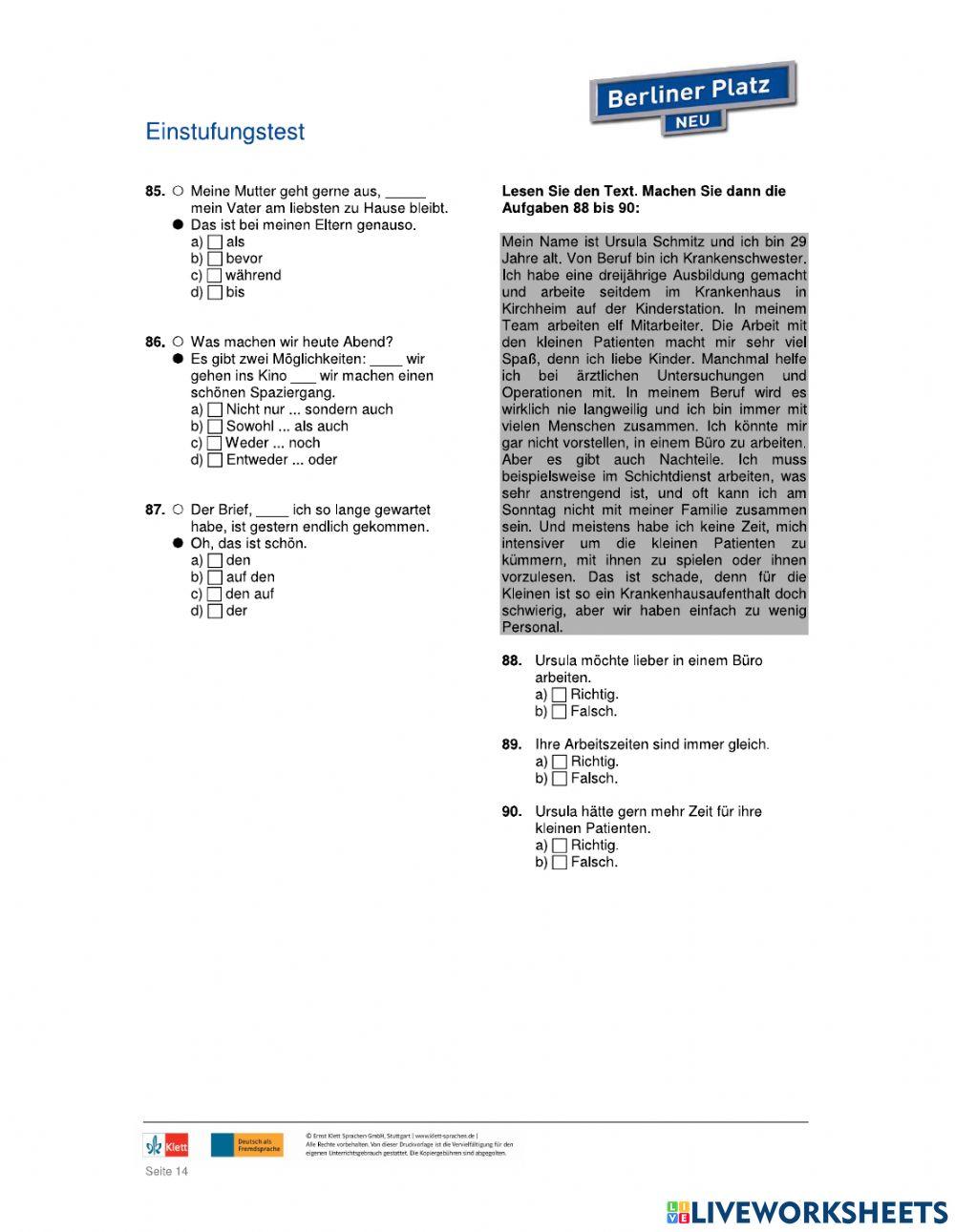 Grammatik  B1 Einstufungstest