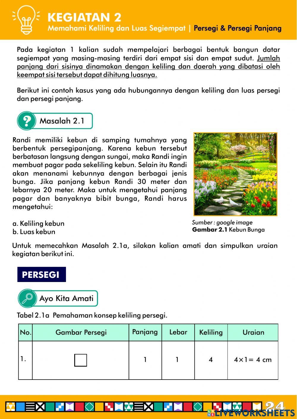 Kegiatan 2 -Memahami luas dan keliling persegi dan persegi panjang-