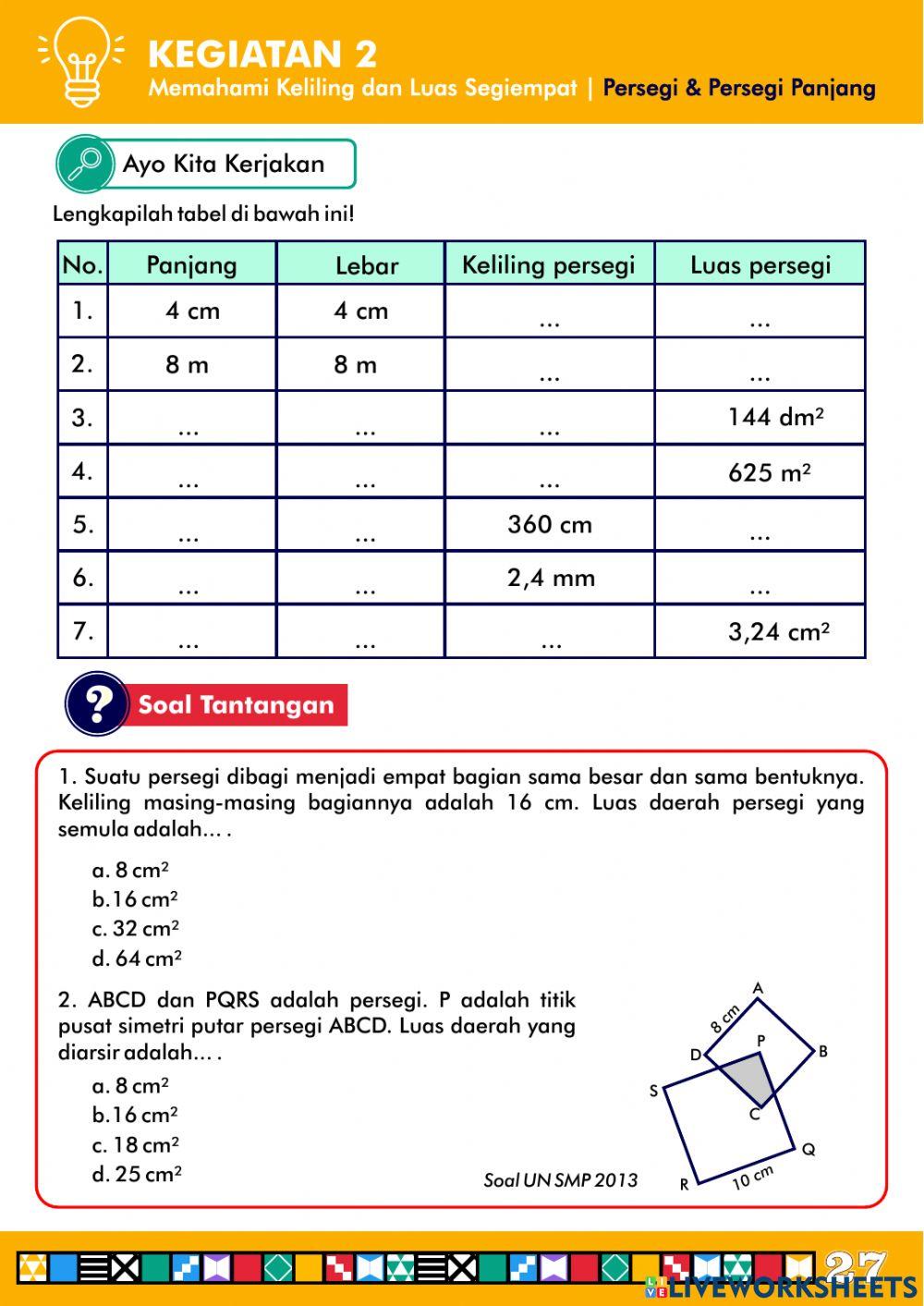 Kegiatan 2 -Memahami luas dan keliling persegi dan persegi panjang-