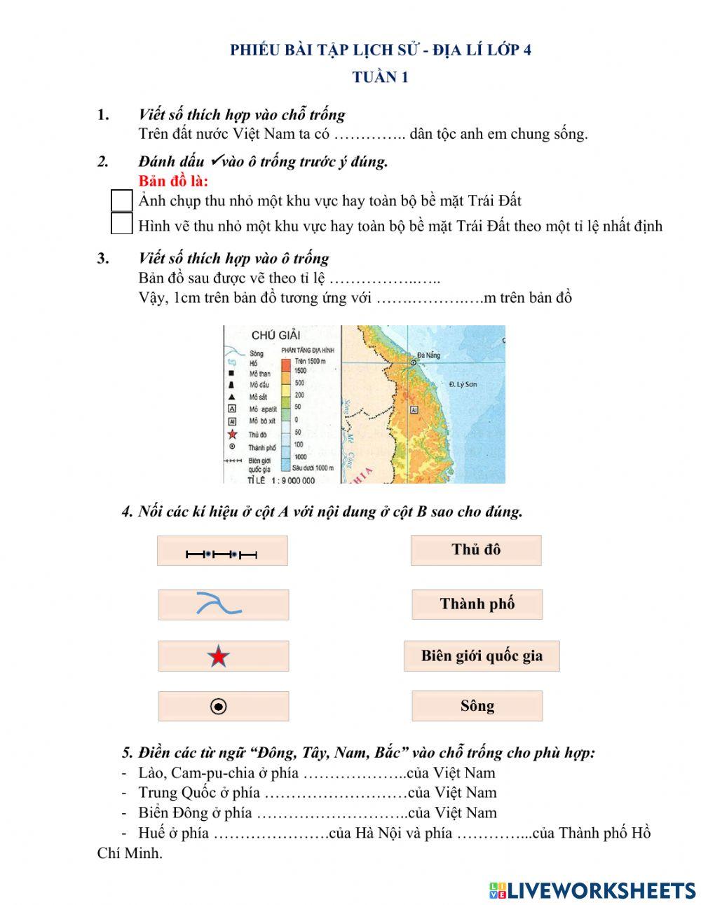 Phiếu bài tập Khoa học, Lịch sử, Địa lí 4 - Tuần 1