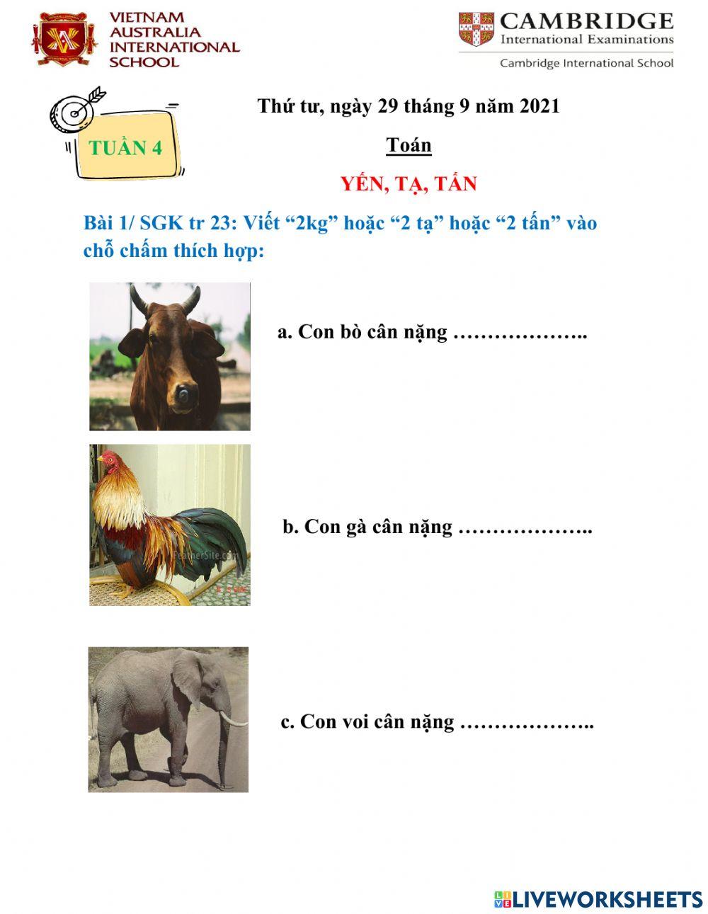 Tuần 4 - Toán 4 YẾN, TẠ, TẤN 1437491 | minhthu362 | Live