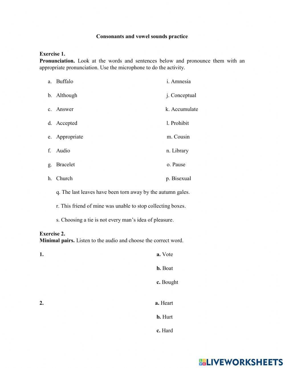 Consonants and vowel sounds practice