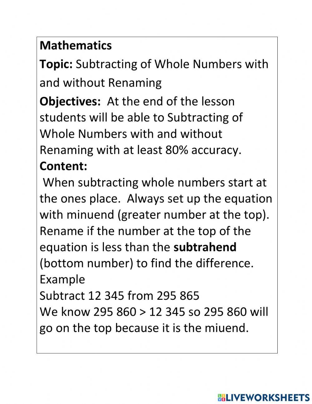 Subtracting Whole Numbers to Millions 6724428 Venissa